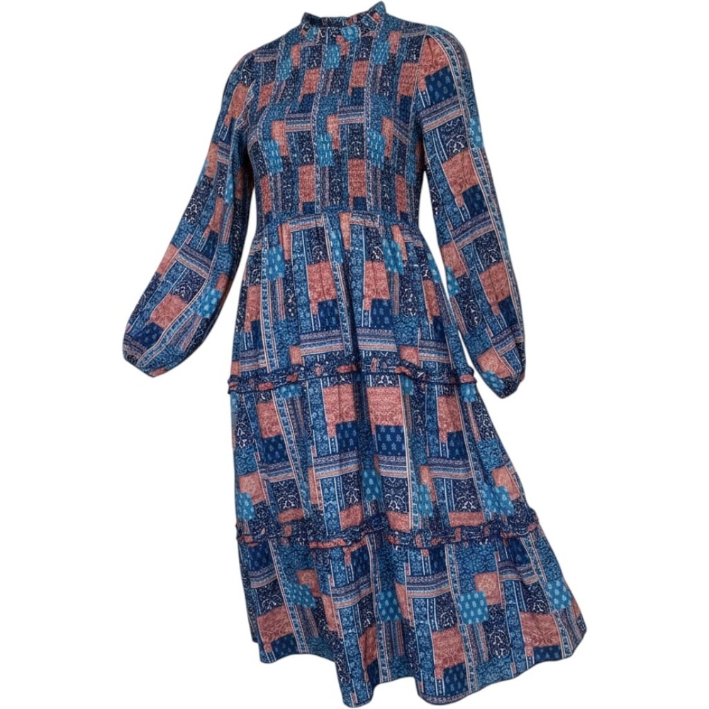 Simply Southern Avery Boho Smocked Midi Dress Blue Patchwork L Fall  Cottagecore
